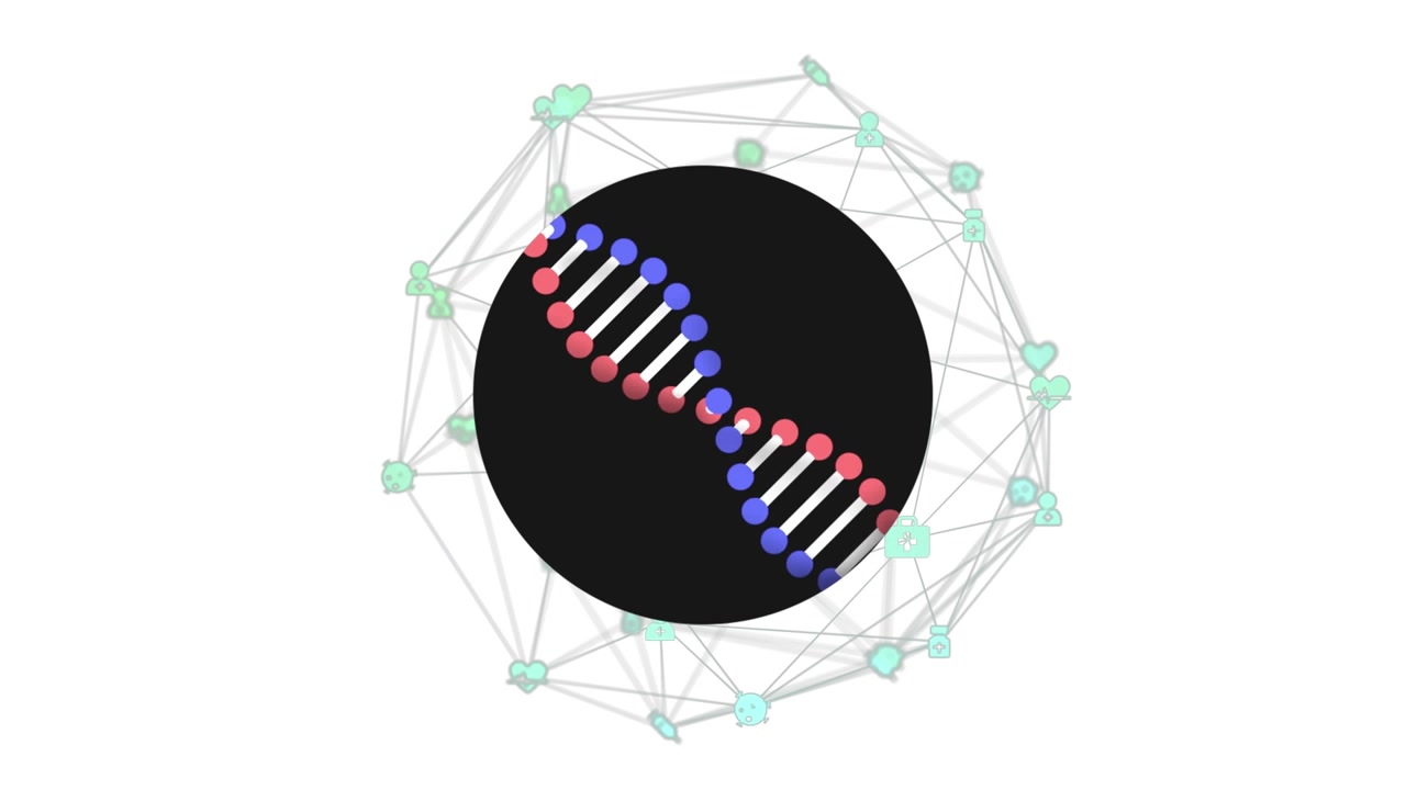 Animation of dna strand over network of connections with icons on white background