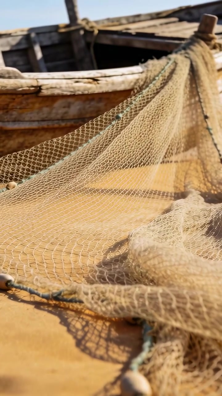 Video verticale: Rete beige che si muove ondeggiando sul ponte di una barca per una leggera brezza, con galleggianti a corda