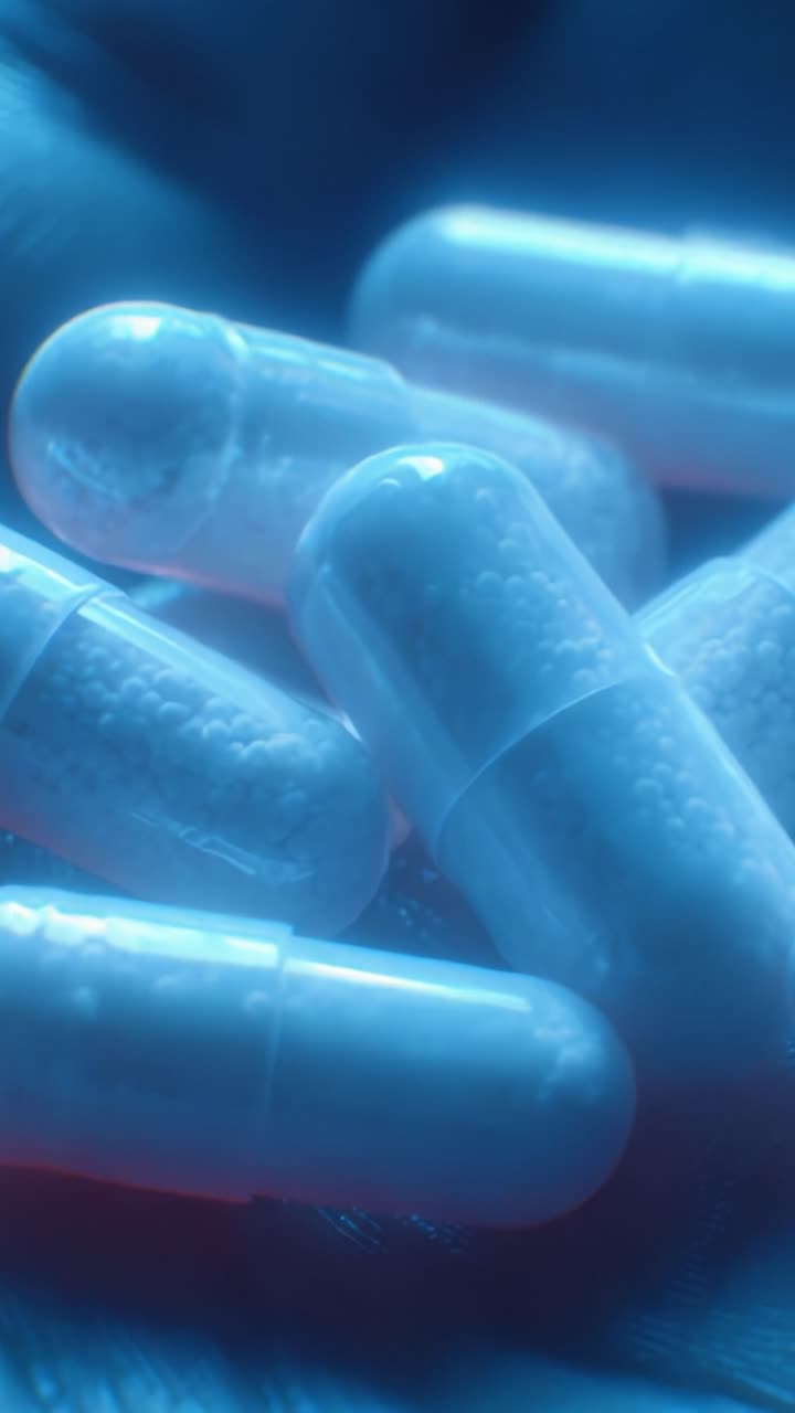 Primo piano di capsule piene di cristalli che brillano di una luce blu tenue, che mette in risalto il loro design semi-trasparente e la superficie ruvida per l'esplorazione farmaceutica