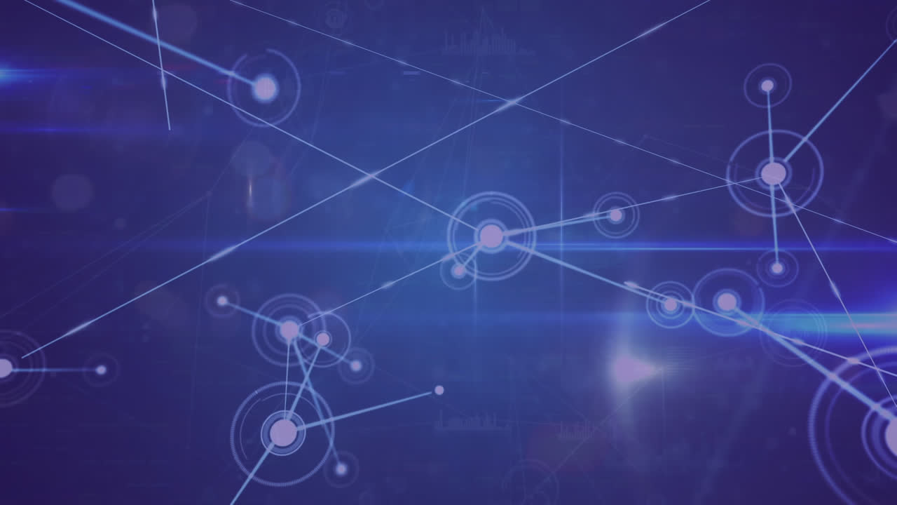 animación de la red de conexiones y punto de luz contra fondo azul