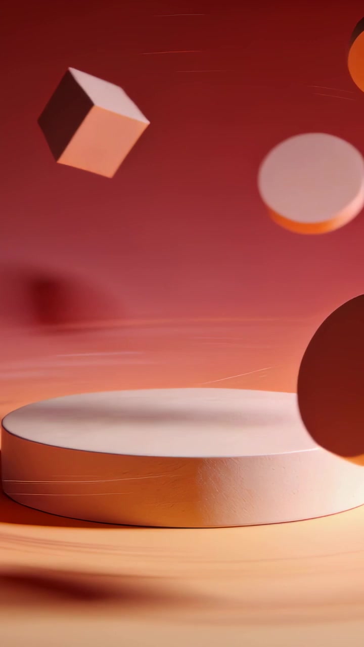 Video verticale: Forme color crema che entrano, ruotano e fluttuano sopra un piedistallo rotondo su un set, formando un gruppo.