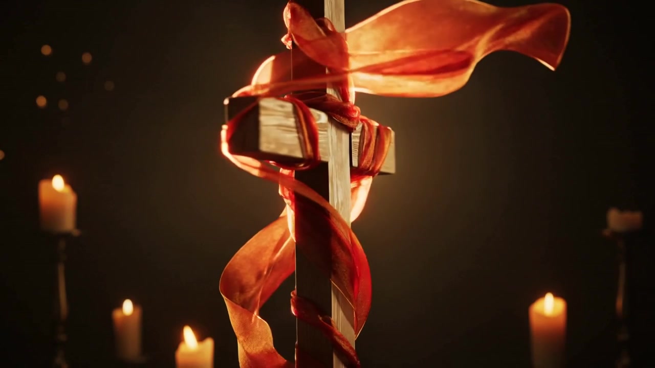 La telecamera si avvia, facendo srotolare un nastro di seta rosso attorno a una croce di legno sull'altare, con candele tremolanti
