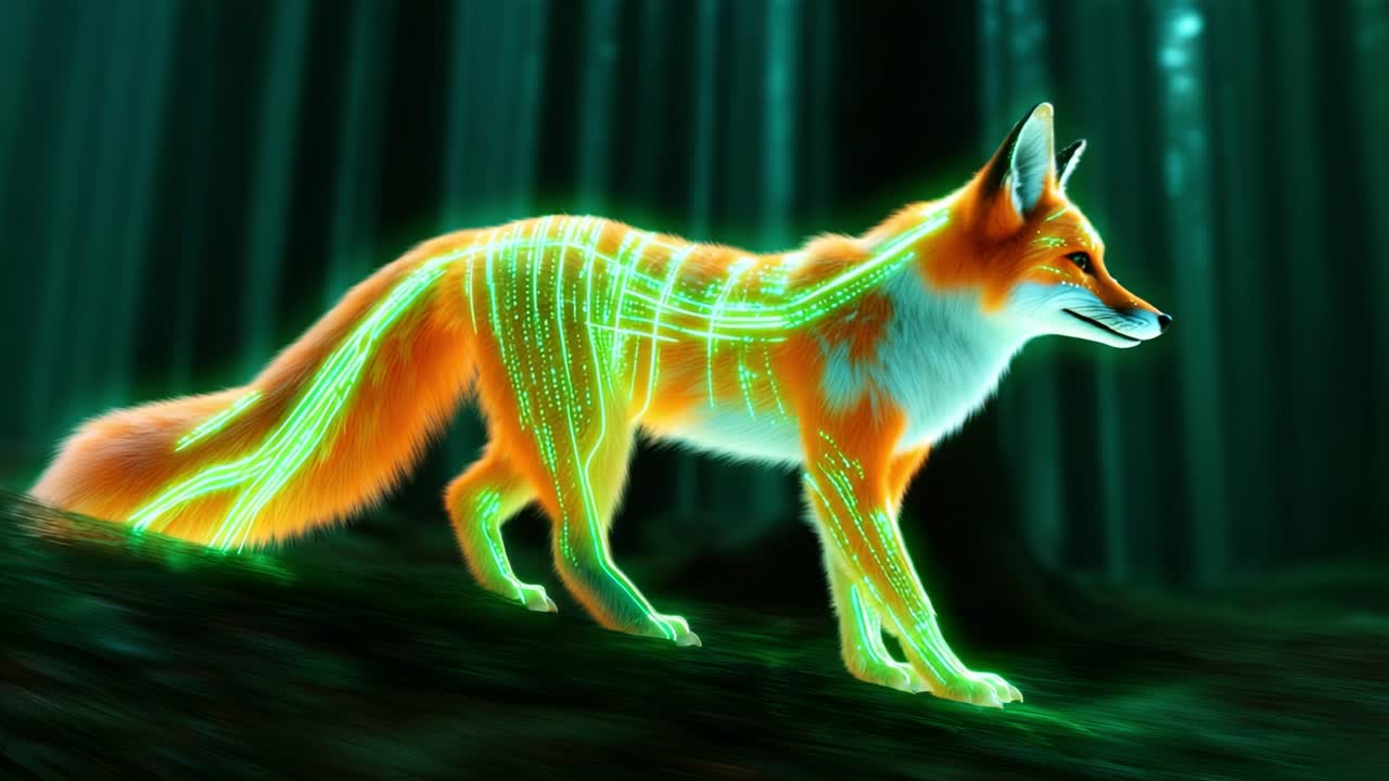 Un'affascinante volpe illuminata cammina con eleganza in una foresta mistica, con il corpo adornato da vivaci linee al neon verdi, fondendo la natura con un'estetica digitale fantastica