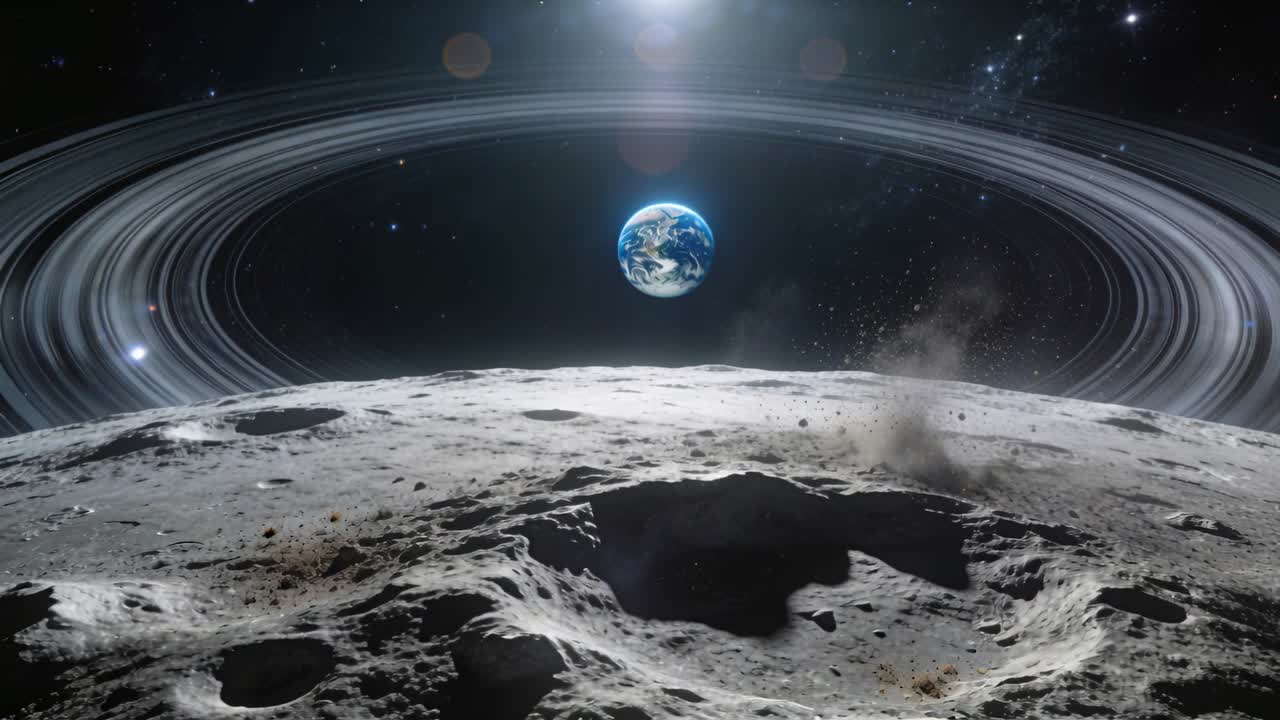 Meteorito atingindo regolito craterado perto do horizonte, ejetando pluma de poeira em direção ao planeta anelado.