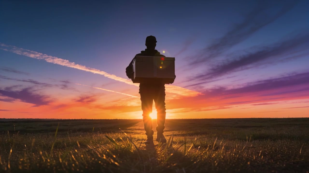 Uomo che cammina con giacca e berretto che consegna una scatola di cartone attraverso un campo aperto all'alba, il sole che si allinea