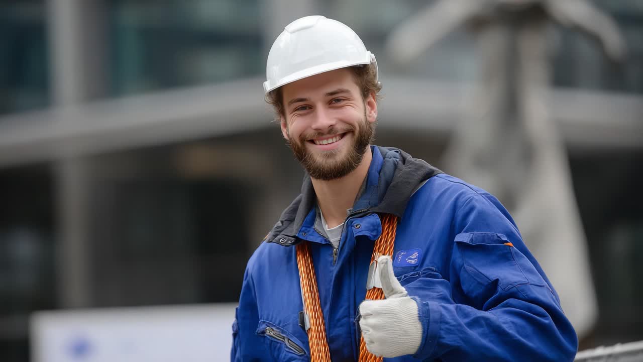 A confident construction worker with a hard hat and gloves, giving a thumbs up, radiates positivity and professionalism in the workplace, showcasing dedication to safety and teamwork