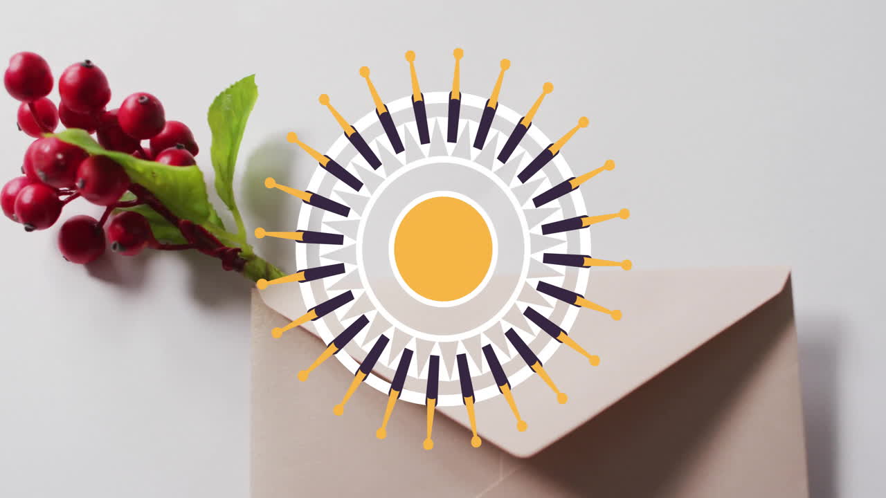 Animation of pattern moving over christmas decorations with copy space on white background