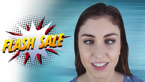 animación de texto de venta flash sobre mujer caucásica feliz