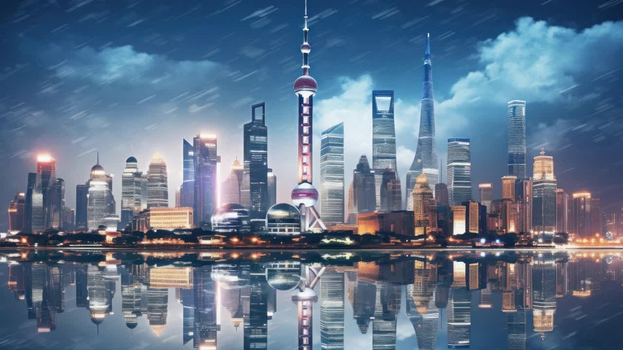 Futuristic cityscape with neon lights and skyscrapers reflected in water