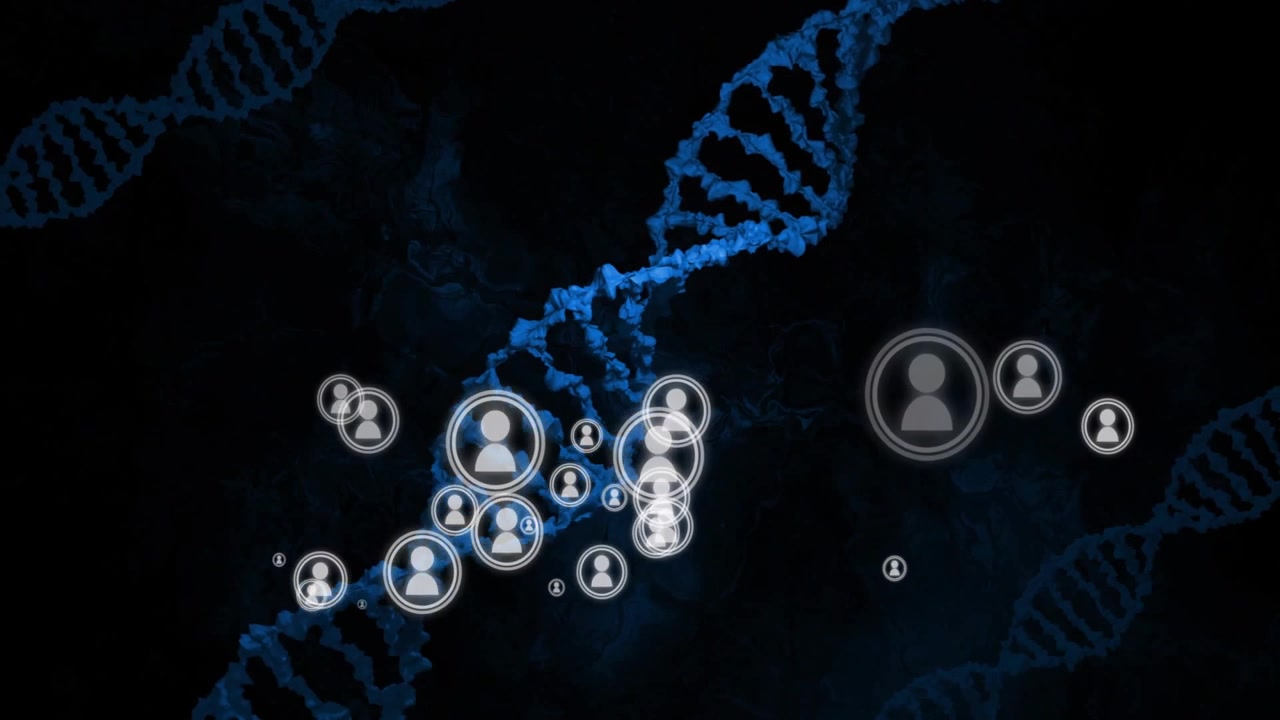 Avatarer kommer ind fra højre og nedefra, samles og pulserer langs en blå DNA-helix, der viser et netværk.