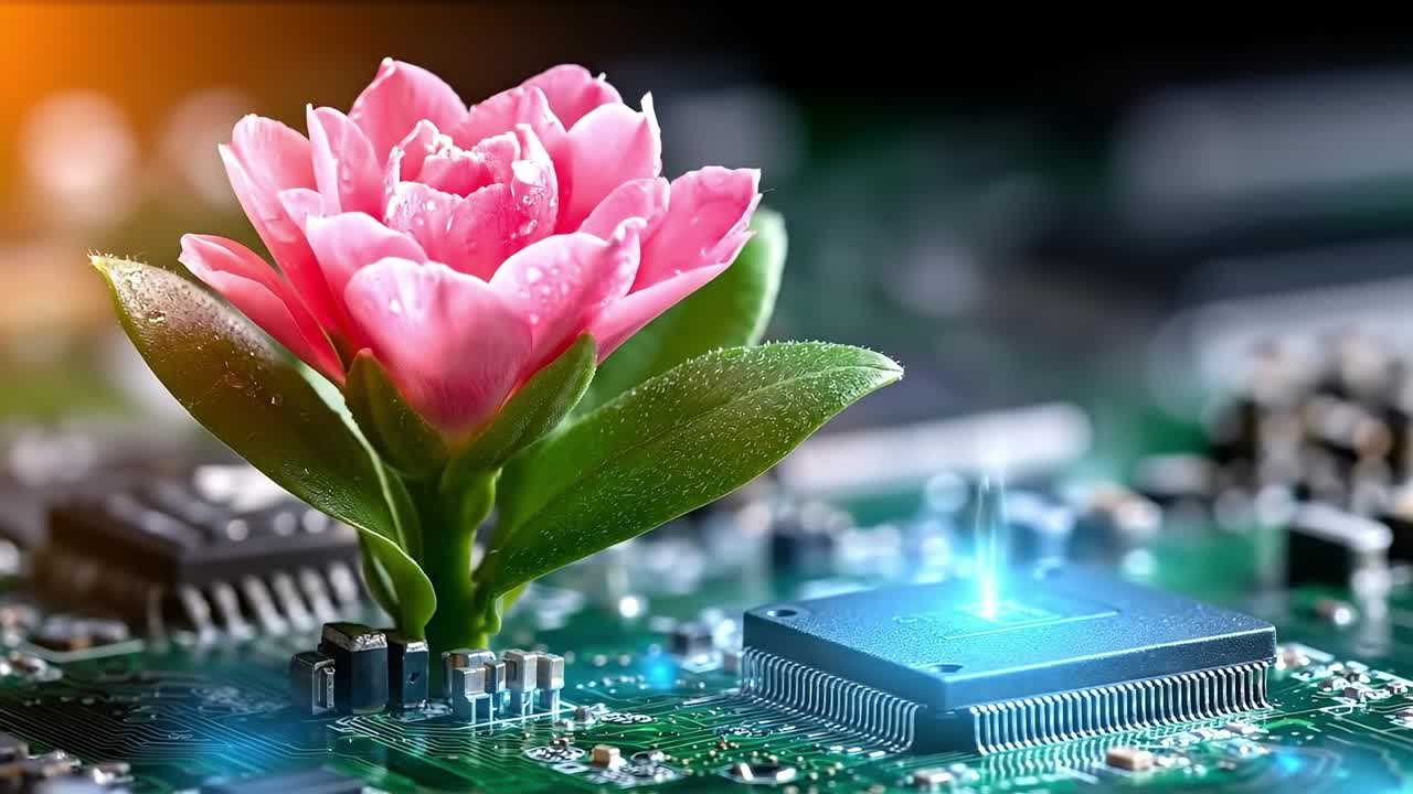 A pink flower sitting on top of a computer motherboard