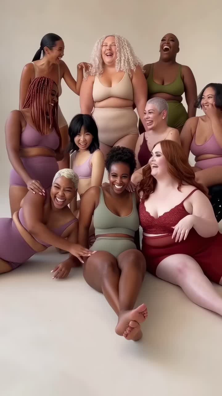 Gruppo eterogeneo di donne in lingerie colorata, sorridenti in uno studio.