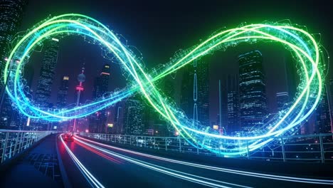 a vibrant urban nightscape featuring a stunning infinity loop light installation above a bridge, symbolizing innovation and connectivity in a modern city