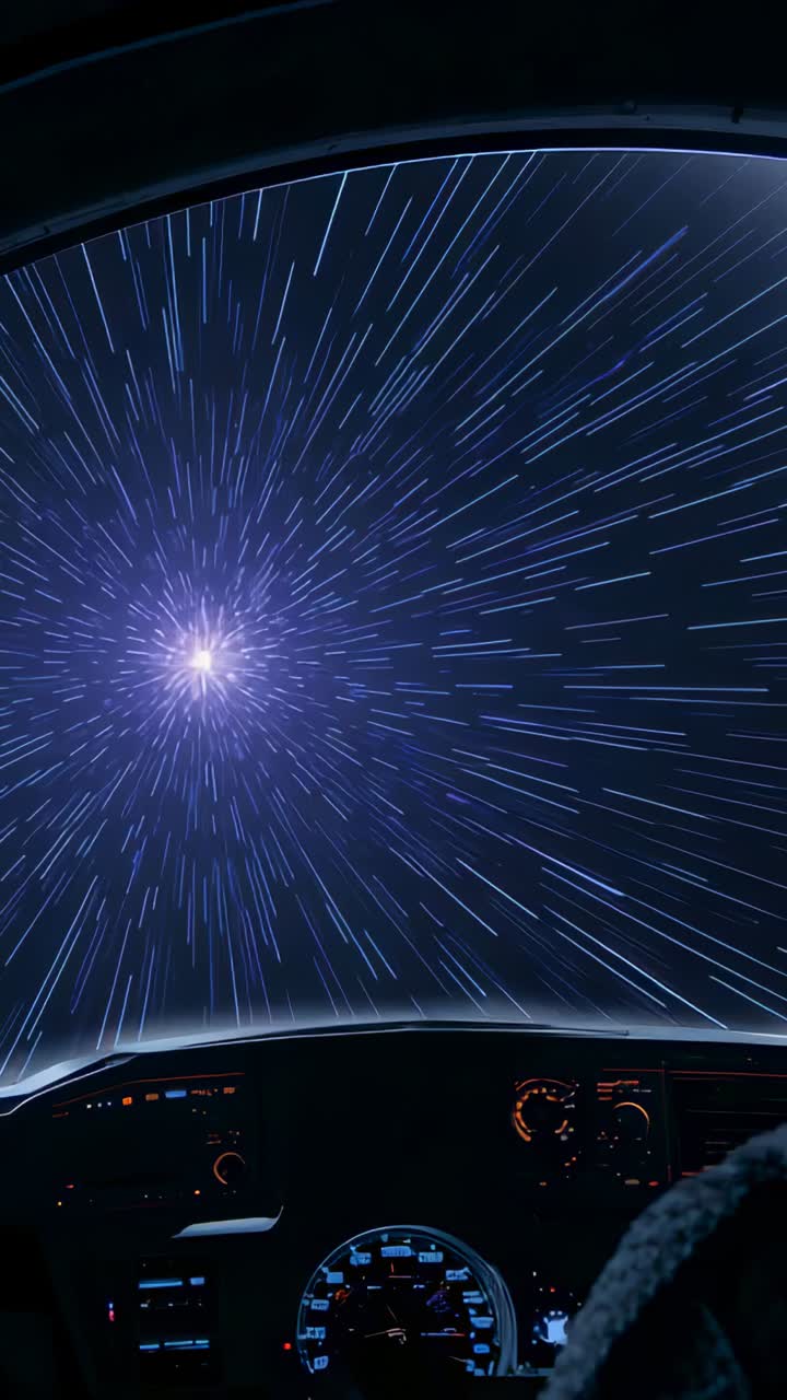 Vertical video: Showing windshield racing to purple burst as glow rising in cockpit, gauges glowing