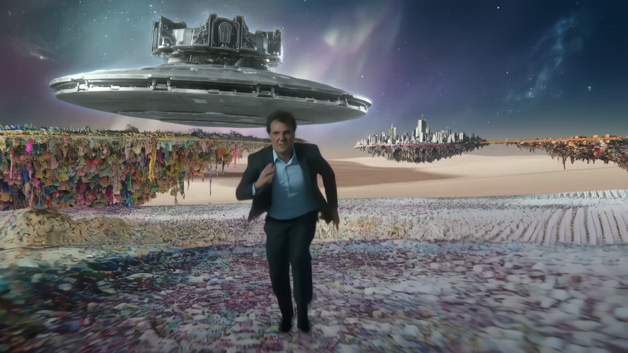 Man in Suit Running in a Surreal Sci-Fi Landscape with a Spaceship