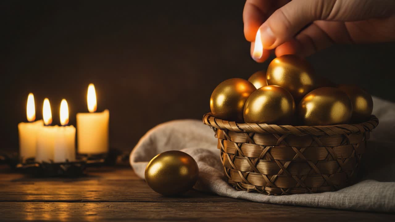A Captivating Arrangement of Glimmering Golden Eggs Resting in a Rustic Basket Surrounded by Flickering Candles, Perfect for Festive Celebrations and Special Occasions