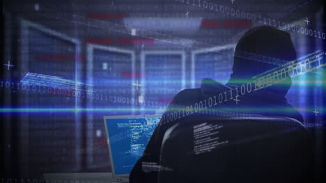 animación del procesamiento de codificación binaria sobre un hacker de computadoras caucásico en balaclava usando una computadora portátil