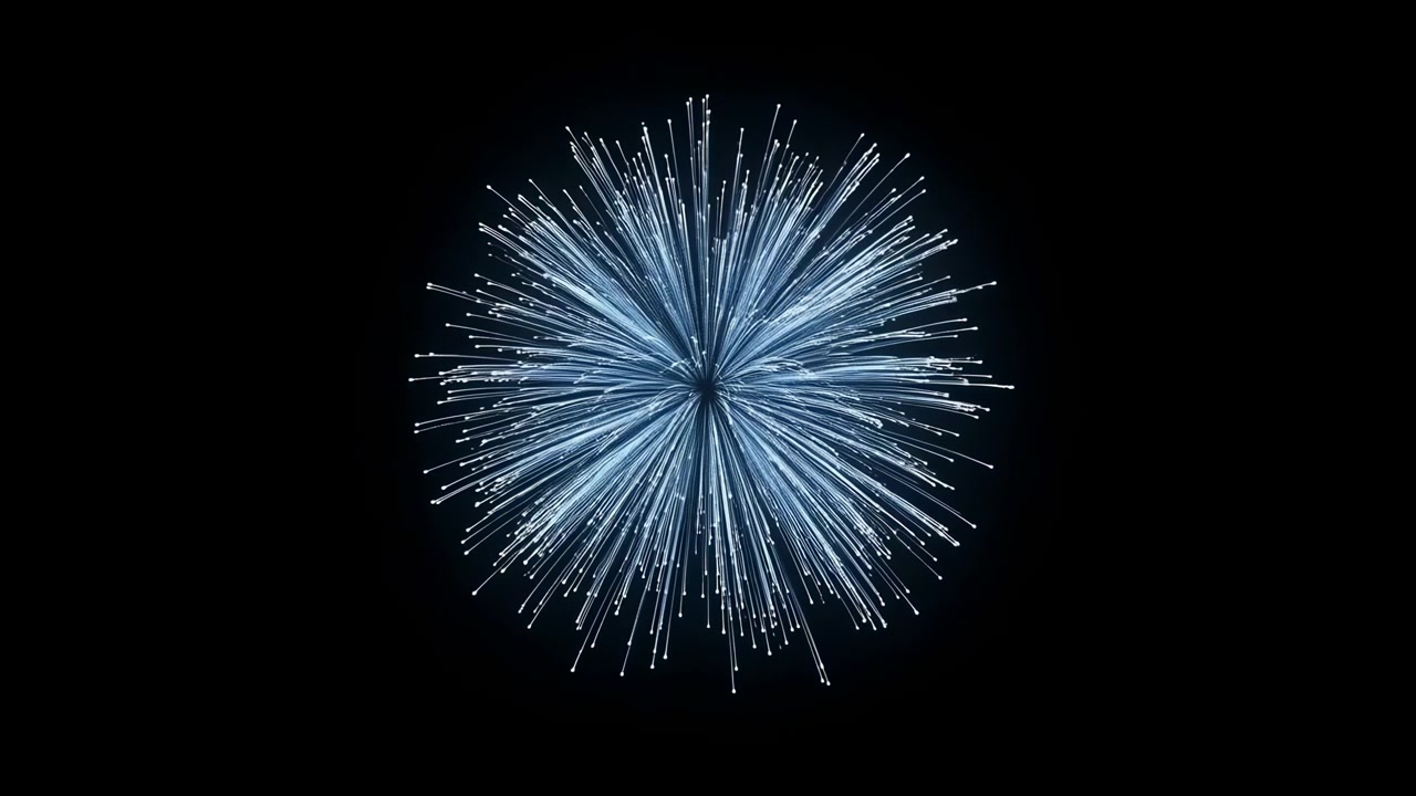 Bright white-blue particle sphere against deep black field visibly expands into long tapered radial filaments, forming radiant abstract burst with clean symmetry, sharp contrast, centered glow and