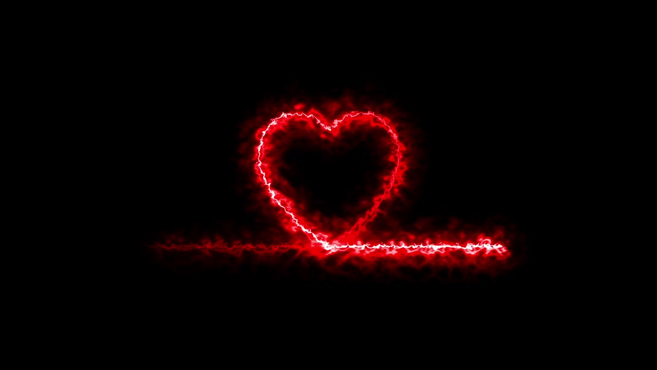 Linea astratta colorata a forma di cuore, simbolo neon fiammeggiante su sfondo nero. Linea neon del battito cardiaco con movimento luminoso
