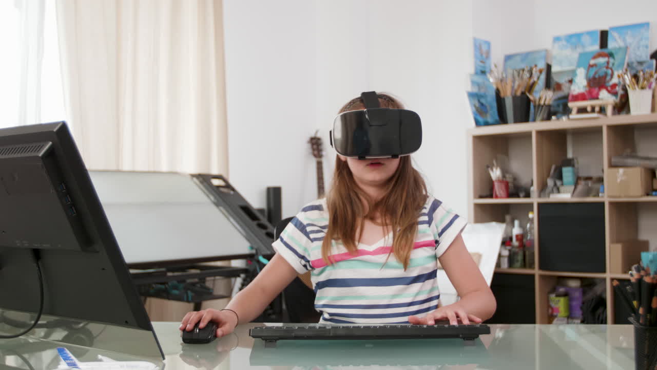 Girl Using Virtual Reality Headset at Desk