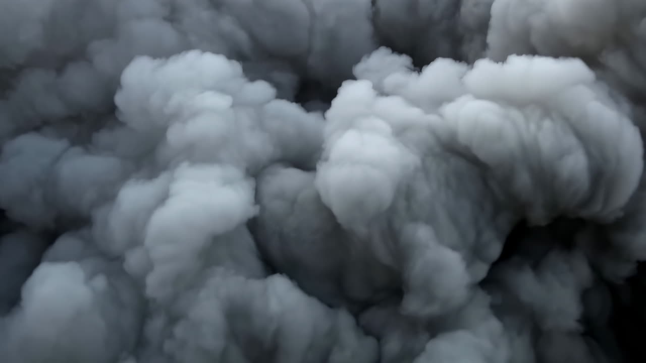 Nuvole di fumo nero denso che si innalzano, densi pennacchi che rotolano e si scontrano al rallentatore, illuminazione cinematografica, cenere.
