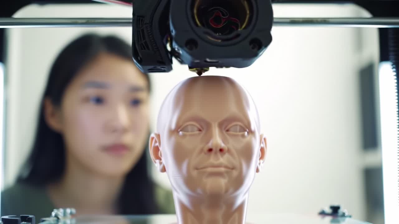 A Close-Up Look at 3D Printing Technology: A Focused Individual Observes the Creation of a Realistic Human Model in a High-Tech Fabrication Process
