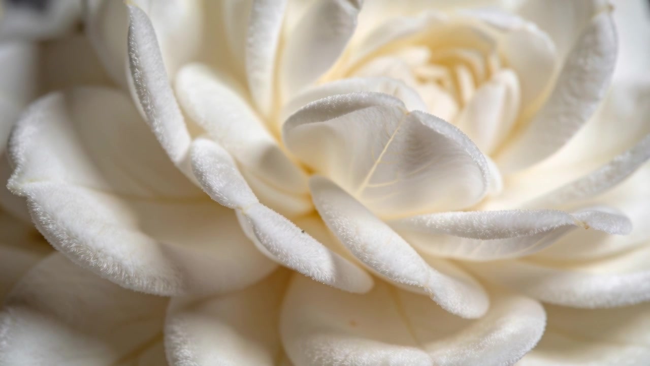 Allontanando l'obiettivo macro, la telecamera rivela un fiore bianco a strati in studio, mostrando un nucleo caldo.