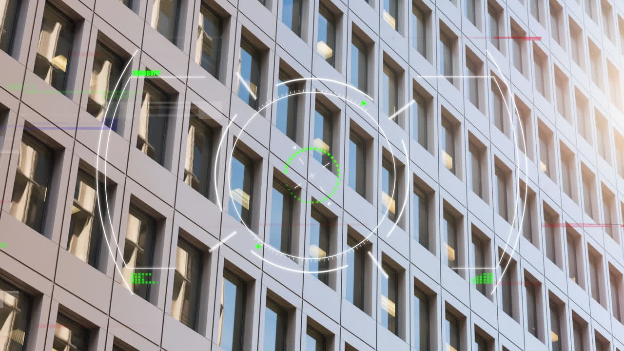 오피스 빌딩 위의 뷰파인더와 글리치의 애니메이션