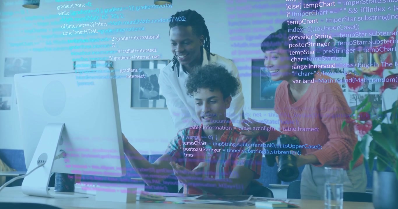 Seated coder clicking mouse and overlaying code across scene as team with device reviewing software