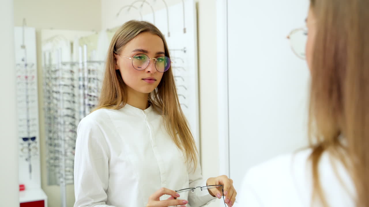 Beautiful girl wearing eyeglasses. Elegant fasionable woman choosing eyeglasses in optical store
