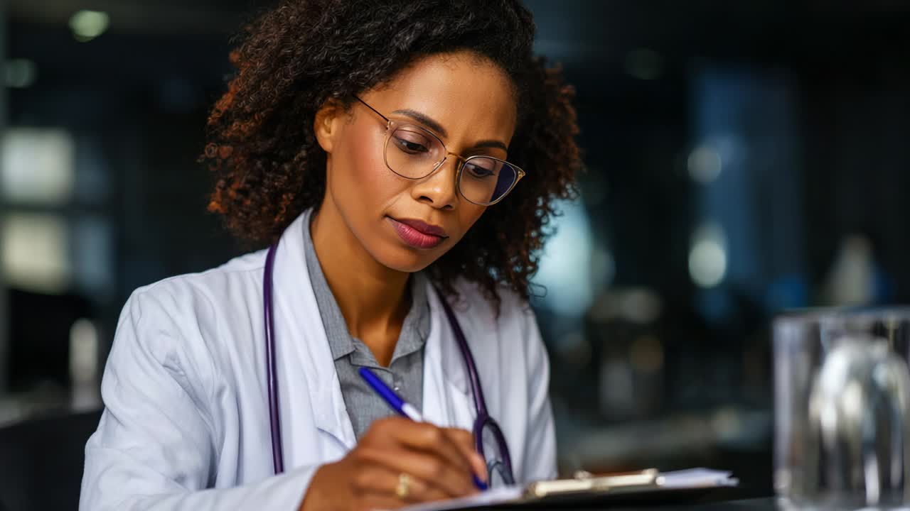 Un professionista sanitario concentrato, in camice bianco, che prende appunti diligentemente, incarnando la dedizione e l'attenzione ai dettagli essenziali nel campo medico, mostrando un momento di concentrazione e cura