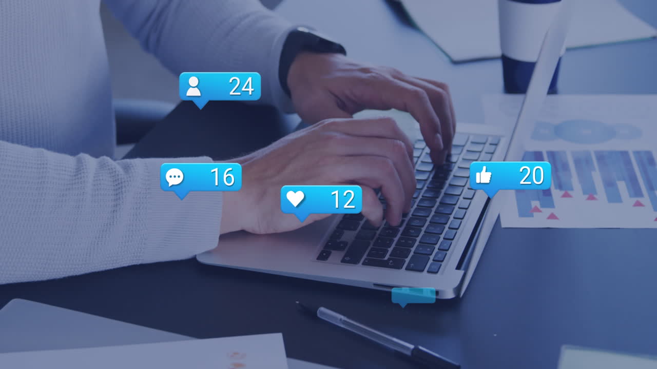 Animation of social media data processing over caucasian man using computer