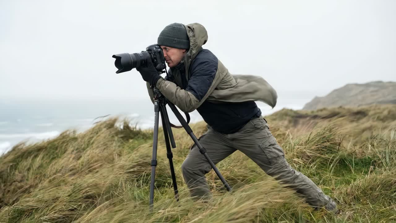 Fotografo che scatta foto su una scogliera ventosa con vista sull'oceano