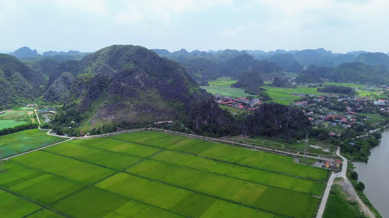 Semi orbit drone shot around elevated hill covered in vegetation, surrounded by vibrant rice fields and rural town in distance