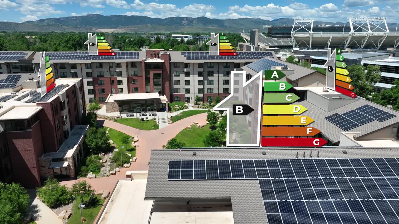 moderno dormitorio universitario con paneles solares y animación de calificación de eficiencia energética, patio verde, fondo de montaña