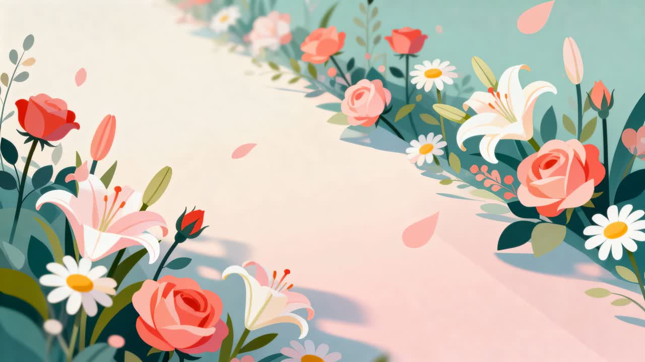 Drifting roses lilies daisies dropping pink petals along pale diagonal pathway, breeze stirring