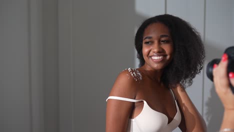 smiling woman in lingerie