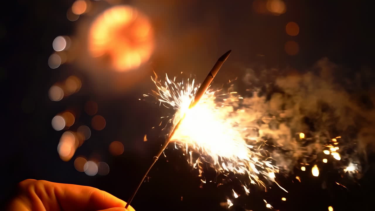 Mano che tiene una scintilla accesa con brillanti luci bokeh di notte