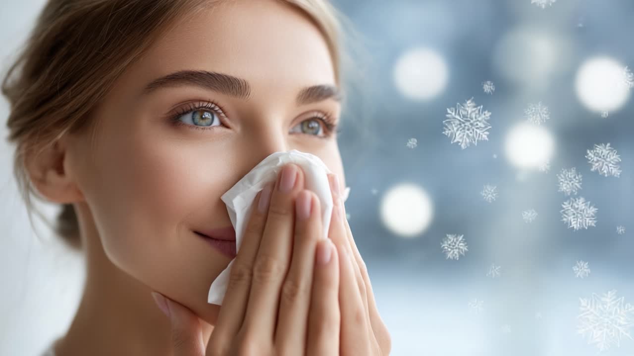 A Young Woman Comfortably Managing Symptoms of Seasonal Allergies While Enjoying a Cozy Winter Atmosphere with Softly Falling Snowflakes in the Background