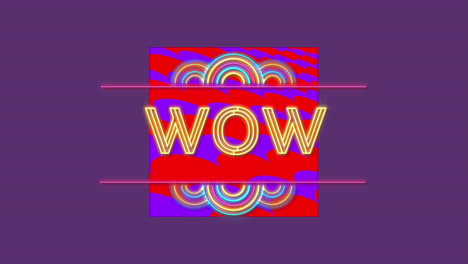 Digital animation of neon wow text over red banner against purple background