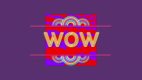 digital animation of neon wow text over red banner against purple background