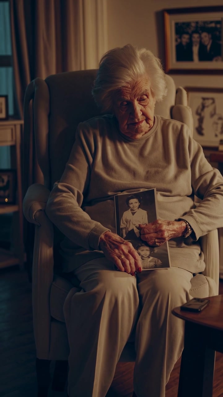 Pensive Elderly Woman Holding Old Black and White Photograph