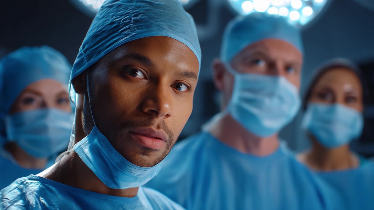 Un team di chirurghi in camici e mascherine che si prepara per un'operazione, sottolineando la loro concentrazione e professionalità in un ambiente sterile con luci intense.