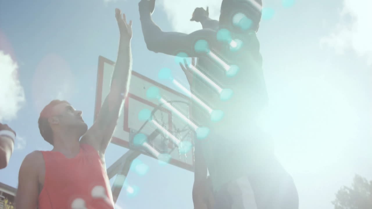 Jumping basketball players with DNA strand animation overlay in dynamic action
