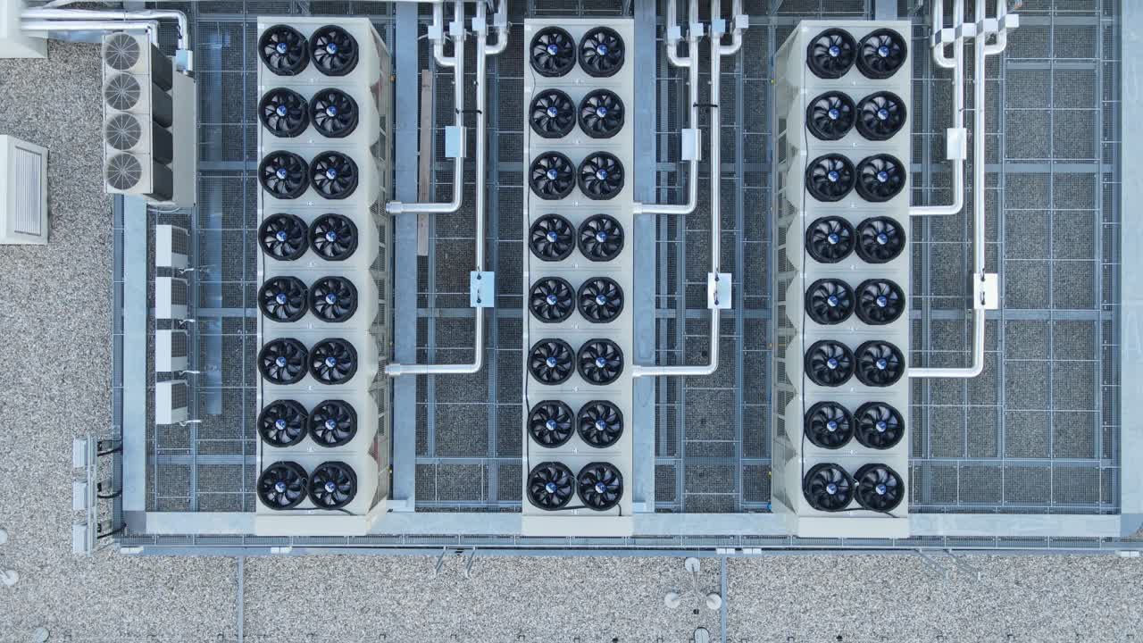 Birdseye aerial above malfunctioning ventilation system on a Data center facility