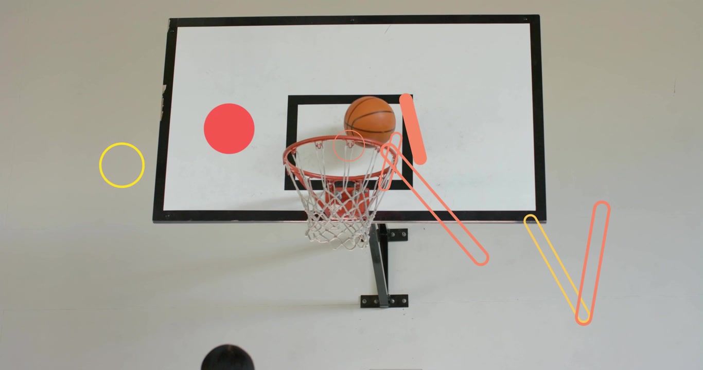 Woman player shooting sports court camera pulling back rings clearing as ball hitting rim to score