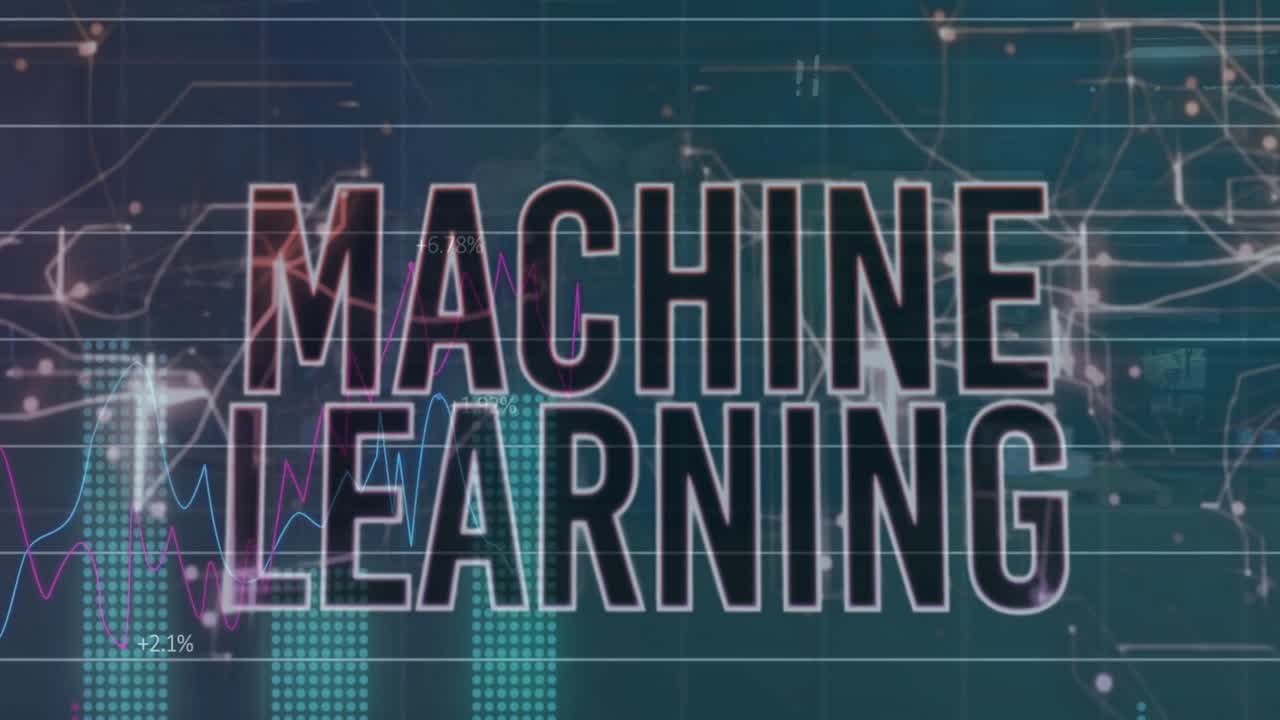 Animation of machine learning text and multiple graphs with numbers over warehouse