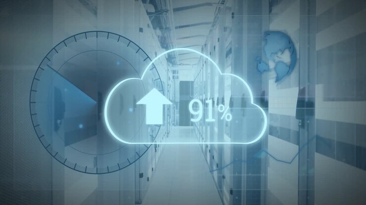 Animation of digital cloud with percent going up, scope scanning and globe over computer servers