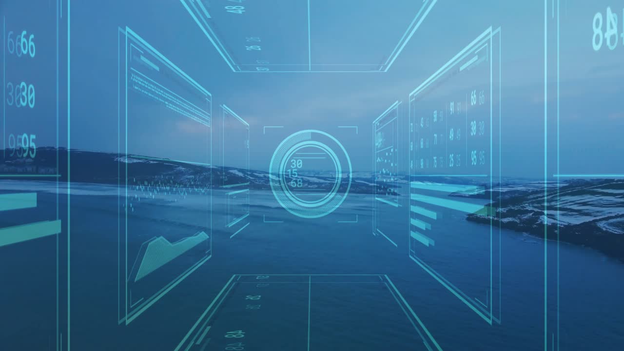 on startup cyan HUD tunnel forming, panels loading, reticle updating digits for navigation