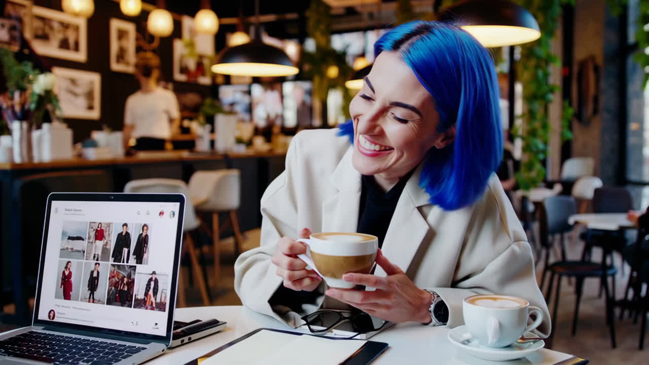 Donna che si gode un caffè e fa shopping online in un bar
